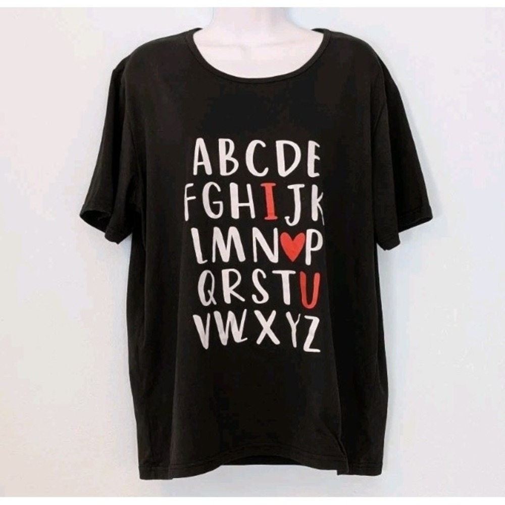 I Love You Alphabet Women's T-shirt 2X Black Plus Size Stretch Top